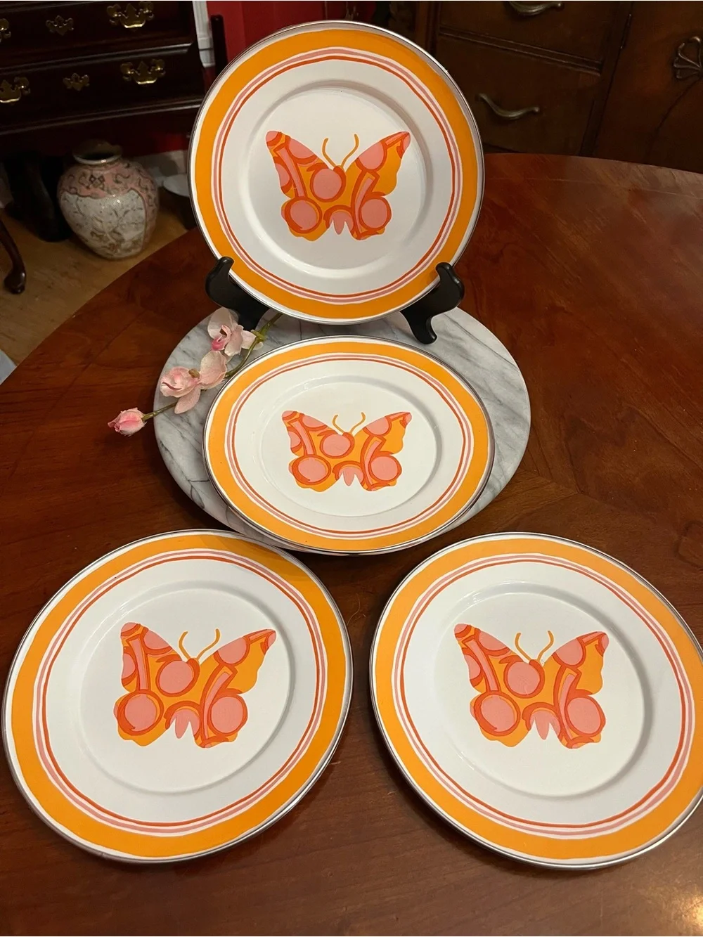 Rare VTG Golden Rabbit Enamelware Butterfly Plates Michal Sparks 4-Set Retro